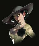  1girl alcina_dimitrescu black_hair dress earrings evil_smile flower hat highres jewelry looking_at_viewer luzdanaee necklace pearl_necklace resident_evil resident_evil_village rose short_hair smile yellow_eyes 