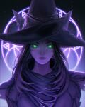  1girl animal_ears black_mage cat_ears facial_mark final_fantasy final_fantasy_xiv glowing glowing_eyes green_eyes gweni hat highres lips long_hair looking_at_viewer miqo&#039;te monochrome portrait purple_hair solo spot_color watermark whisker_markings witch_hat 