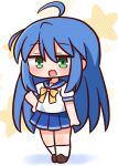  1girl :d ahoge bangs blue_hair blue_sailor_collar blue_skirt blush brown_footwear chibi commentary_request eyebrows_visible_through_hair full_body green_eyes hair_between_eyes hana_kazari highres izumi_konata lucky_star open_mouth pleated_skirt puffy_short_sleeves puffy_sleeves sailor_collar school_uniform serafuku shadow shirt shoes short_sleeves skirt smile socks solo standing starry_background white_background white_legwear white_shirt 