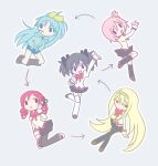  5girls akemi_homura alternate_color alternate_eye_color alternate_hair_color ankle_boots aqua_hair arms_at_sides arrow_(symbol) beige_shirt black_eyes black_hair black_legwear black_skirt blonde_hair boots brown_footwear chibi clenched_hand color_switch crossed_legs drill_hair expressionless facing_viewer feet_up flower food food_in_mouth full_body green_hoodie grey_background hair_flower hair_ornament hair_ribbon hairband hairpin half-closed_eyes hand_on_own_cheek hand_on_own_face hand_up hands_in_pockets hands_up happy high_ponytail hood hood_down hoodie jitome juliet_sleeves kaname_madoka knees_together_feet_apart legs_apart long_hair long_sleeves looking_at_viewer looking_to_the_side mahou_shoujo_madoka_magica miki_sayaka mitakihara_school_uniform mouth_hold multiple_girls neck_ribbon no_nose open_mouth outline pantyhose pink_hair pleated_skirt pocky pokki_(sue_eus) puffy_sleeves red_ribbon redhead ribbon sakura_kyouko school_uniform serious shirt shoes short_hair short_twintails shorts simple_background skirt socks solid_oval_eyes thigh-highs tomoe_mami twin_drills twintails v-shaped_eyebrows white_footwear white_legwear white_outline yellow_ribbon zipper 