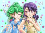  2girls ahoge akihiro_tomonaga bracelet_girls earrings feathers green_hair jacket kurosaki_ruri long_hair multicolored_hair purple_hair rin_(yuu-gi-ou_arc-v) yuu-gi-ou yuu-gi-ou_arc-v 