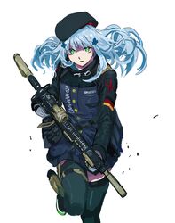  5kpgte assault_rifle beret black_headwear commentary_request cowboy_shot german_flag girls_frontline green_eyes gun h&amp;k_hk416 hair_ornament hat highres hk416_(girls_frontline) holding holding_gun holding_weapon holster jacket long_hair long_sleeves looking_at_viewer rifle running silver_hair thigh-highs thigh_holster weapon white_background 