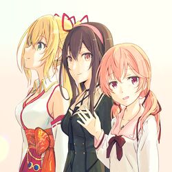  .live 3girls blonde_hair blush breasts brown_hair green_eyes hair_between_eyes hair_ornament highres kitakami_futaba kongou_iroha large_breasts long_hair looking_at_viewer low_twintails multiple_girls pink_hair red_eyes ringo_yadoku smile twintails virtual_youtuber yaezawa_natori 