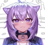  1girl :3 ahoge animal_ear_fluff animal_ears black_choker cat_ears choker closed_mouth collarbone commentary_request deaver eyebrows_visible_through_hair fang highres hololive nekomata_okayu purple_hair short_hair skin_fang smile solo upper_body violet_eyes virtual_youtuber 