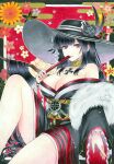  1girl absurdres azur_lane bangs bare_shoulders black_hair black_kimono blunt_bangs breasts brown_eyes choker collarbone commentary_request eyebrows_visible_through_hair fan floral_background folding_fan fur_scarf hair_ornament hat hat_ornament highres holding holding_fan iron_cross japanese_clothes kimono large_breasts long_hair looking_at_viewer obi off-shoulder_kimono off_shoulder parted_lips peter_strasser_(azur_lane) peter_strasser_(chronos&#039;s_kalendae)_(azur_lane) sash sidelocks sitting solo traditional_media whipberry wide_sleeves 