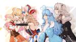  ahoge animal_ears bangs beret blonde_hair blue_hair blush bow braid ear_piercing eyebrows_visible_through_hair flower fox_ears fox_girl frilled_shirt frills fur_trim grey_hair hair_between_eyes hair_flower hair_ornament hat heart_ahoge hololive jacket lion_ears lion_girl long_hair momosuzu_nene multicolored_hair multiple_girls omaru_polka open_mouth piercing pink_hair pointy_ears shirt shishiro_botan sleeveless sleeveless_shirt smile snowflake_hair_ornament streaked_hair takamiya_so very_long_hair violet_eyes virtual_youtuber white_headwear yellow_eyes yukihana_lamy 