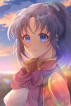  1girl armor bangs blue_eyes blue_hair closed_mouth clouds cloudy_sky cute edamameoka female_focus fire_emblem fire_emblem:_mystery_of_the_emblem highres intelligent_systems kris_(fire_emblem) looking_at_viewer medium_hair nintendo outdoors ponytail scarf shoulder_armor sky smile solo sunset upper_body 