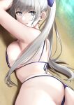  1girl ass azur_lane back beach bow breasts closed_mouth commentary_request grey_eyes hair_bow highres large_breasts long_hair looking_at_viewer lying on_stomach oshida_bob ponytail sideboob silver_hair smile solo swimsuit vittorio_veneto_(azur_lane) vittorio_veneto_(the_flower_of_la_spezia)_(azur_lane) 