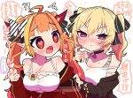  2girls ahoge bangs bare_shoulders black_choker black_jacket blonde_hair blush blush_stickers bow breast_press breasts camisole choker coco_kaine collarbone commentary_request crop_top diagonal-striped_bow dragon_girl dragon_horns dragon_tail earrings eyebrows_visible_through_hair eyes_visible_through_hair fang frilled_camisole hair_intakes heart heart_earrings heart_eyes highlights highres hololive horn_bow horns jacket jewelry kiryu_coco large_breasts long_sleeves looking_at_another looking_to_the_side medium_hair midriff mole mole_under_eye multicolored_hair multiple_girls navel off_shoulder official_alternate_costume open_clothes open_jacket open_mouth orange_hair outstretched_arms parted_lips partially_unzipped pointy_ears red_eyes red_jacket shirt sidelocks simple_background skin_fang sleeveless sleeveless_shirt speech_bubble streaked_hair striped striped_bow symbol_commentary tail tied_hair track_jacket translation_request upper_body violet_eyes virtual_youtuber white_background white_camisole yukito_(hoshizora) zipper_pull_tab 
