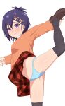  1girl bangs black_legwear blue_hair blue_panties bow bow_panties brown_footwear closed_mouth commentary_request crotch_seam dress_shirt frown gabriel_dropout hair_ornament hairclip highres leg_hold leg_up loafers long_sleeves looking_at_viewer miniskirt navel nyaroon orange_sweater panties pantyshot plaid plaid_skirt red_skirt school_uniform shirt shoes short_hair simple_background skirt standing standing_on_one_leg sweatdrop sweater thigh-highs underwear vignette_tsukinose_april violet_eyes white_background white_shirt x_hair_ornament 