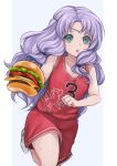  1girl alternate_costume bangs burger clenched_hand commentary_request fire_emblem fire_emblem:_the_blazing_blade florina_(fire_emblem) food green_eyes highres jersey long_hair looking_at_viewer open_mouth purple_hair red_shorts shimizu_akina shorts solo 