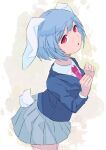  1girl :o animal_ears ass bangs blue_hair blue_jacket bunny_tail clenched_hands commentary_request cowboy_shot eyebrows_visible_through_hair floppy_ears from_side grey_skirt hands_up highres jacket kinkitsu1824 leaning_forward looking_at_viewer necktie open_mouth pleated_skirt rabbit_ears red_eyes red_neckwear reisen_(touhou_bougetsushou) short_hair simple_background skirt solo standing suit_jacket swept_bangs tail tareme touhou white_background 