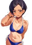  1girl arm_behind_back arm_up bikini black_hair blue_bikini blush breasts highres kinta_(distortion) looking_at_viewer medium_breasts open_mouth original short_hair side-tie_bikini simple_background solo swimsuit tan water_drop white_background yellow_eyes 