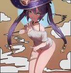  1girl black_choker blue_eyes choker commentary earrings genshin_impact hair_between_eyes hat jewelry leg_garter long_hair looking_at_viewer mona_megistus moth1 purple_hair purple_headwear shirt short_sleeves solo standing t-shirt thighs twintails v white_shirt witch_hat 