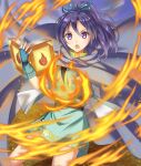  1girl :o absurdres bangs belt book cloak commission fingerless_gloves fir_(fire_emblem) fire fire_emblem fire_emblem:_the_binding_blade gloves hair_between_eyes hair_ribbon highres holding holding_book jacket kakiko210 magic open_mouth ponytail purple_hair ribbon skeb_commission solo violet_eyes 