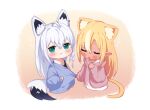  2girls :&lt; ahoge animal_ear_fluff animal_ears bangs blonde_hair blue_shirt blush brown_jacket cat_ears cat_girl cat_tail chibi closed_eyes closed_mouth commentary cropped_torso dark_skin dark-skinned_female eyebrows_visible_through_hair fox_ears fox_girl fox_tail green_eyes hair_between_eyes hololive jacket kemonomimi_mode long_hair looking_at_viewer multicolored_hair multiple_girls open_clothes open_jacket parted_lips pointy_ears sasaki_(glass1138) shirakami_fubuki shiranui_flare shirt streaked_hair symbol_commentary tail upper_body very_long_hair virtual_youtuber white_hair white_shirt 