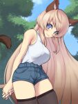  1girl :3 ahoge animal_ears arms_behind_back bare_shoulders black_legwear blonde_hair blue_eyes blurry blurry_background blush breasts cat_ears cat_tail closed_mouth contrapposto cowboy_shot day denim denim_shorts eyebrows_visible_through_hair from_side hands_together highres interlocked_fingers large_breasts leaning_forward long_hair looking_at_viewer machiko_(nekodeito) off-shoulder_shirt off_shoulder original outdoors shirt shirt_tucked_in short_shorts shorts sideboob sidelocks sideways_glance silentine skindentation sky sleeveless sleeveless_shirt smile solo tail tented_shirt thick_thighs thigh-highs thighs tree turtleneck very_long_hair white_shirt 