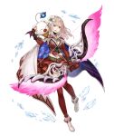  1girl :d bow_(weapon) breasts cape fina_(ff_be) final_fantasy final_fantasy_brave_exvius fingerless_gloves flower full_body gloves hair_flower hair_ornament holding holding_bow_(weapon) holding_weapon ji_no large_breasts looking_at_viewer medium_hair moogle official_art open_mouth pink_hair red_eyes red_skirt sinoalice skirt smile thigh-highs transparent_background upper_teeth weapon 