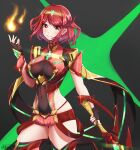  1girl absurdres aegis_sword_(xenoblade) bangs black_gloves breasts chest_jewel earrings fingerless_gloves gloves highres jewelry large_breasts light pyra_(xenoblade) red_eyes red_legwear red_shorts redhead short_hair short_shorts shorts swept_bangs sword thigh-highs tiara user_trtx7783 weapon xenoblade_chronicles_(series) xenoblade_chronicles_2 