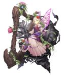  1girl blonde_hair briar_rose_(sinoalice) dress fairy_wings flower frilled_dress frills full_body hair_flower hair_ornament harp instrument ji_no looking_at_viewer official_art pink_dress plant sinoalice solo stuffed_toy thorns transparent_background vines wings yellow_eyes 
