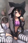  1girl animal_ears animal_hood bed_sheet between_legs black_hair black_hoodie blurry breasts cat_hood cat_tail commission crop_top depth_of_field fake_animal_ears frown hand_up highres hood hoodie k-on! long_hair long_sleeves looking_at_viewer melaton nakano_azusa no_pants on_bed open_clothes open_hoodie paw_pose pillow purple_shirt red_eyes shirt sitting skeb_commission small_breasts solo stomach striped striped_legwear tail tail_raised thigh-highs twintails very_long_hair wariza 