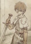  1boy bandage_over_one_eye bangs belt capelet closed_mouth commentary_request cowboy_shot hair_between_eyes holding holding_sword holding_weapon indoors looking_at_viewer male_focus misuguu monochrome ragnarok_online scabbard sepia sheath shirt short_hair shorts solo sword swordsman_(ragnarok_online) tile_floor tiles wall weapon 
