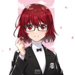  1girl alternate_hairstyle artist_name blush daru glasses highres jacket looking_at_viewer persona persona_5 persona_5_the_royal petals red_eyes redhead short_hair shuujin_academy_uniform simple_background smile solo twitter_username yoshizawa_kasumi 