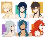  6+boys absurdres aether_(genshin_impact) ahoge bangs black_hair blonde_hair blue_eyes blue_hair brown_hair closed_mouth collarbone dark_skin dark_skinned_male diluc_ragnvindr earrings eyepatch genshin_impact gradient_hair green_eyes grey_hair hair_between_eyes highres jewelry kaeya_alberich long_hair looking_at_viewer male_focus multicolored_hair multiple_boys open_mouth otoko_no_ko razor_(genshin_impact) red_eyes redhead simple_background single_earring smile sushisalmon95 tassel tassel_earrings tongue tongue_out venti_(genshin_impact) white_background yellow_eyes zhongli_(genshin_impact) 