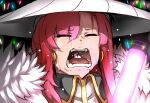  1girl bird crane_(animal) crying earrings fate/grand_order fate_(series) feather_boa glowstick hat highres hoop_earrings in_mouth jewelry miss_crane_(fate) open_mouth red_eyes snot tsukasawa_takamatsu 