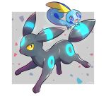  blue_eyes border closed_mouth commentary_request gen_2_pokemon gen_8_pokemon hanging highres no_humans nullma open_mouth outside_border paws pokemon pokemon_(creature) shiny shiny_skin smile sobble starter_pokemon toes tongue umbreon white_border 