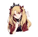  1girl bangs blonde_hair blouse cloak cloak_removed crown ear_piercing ereshkigal_(fate) fate/grand_order fate_(series) hair_ribbon highres jewelry long_hair looking_at_viewer morii_shizuki open_mouth piercing red_cloak red_eyes ribbon simple_background solo twintails upper_body white_background 