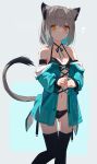  1girl animal_ears aqua_background armband bare_shoulders black_bra black_legwear black_panties blue_jacket bra eyebrows_visible_through_hair grey_background highres jacket looking_at_viewer multicolored_hair nagishiro_mito orange_eyes original panties short_hair silver_hair simple_background solo standing streaked_hair tail thigh-highs two-tone_background underwear undressing 