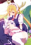  2girls absurdres bangs blonde_hair blue_eyes blunt_bangs blush breasts closed_mouth cravat dragon dragon_girl dragon_horns dragon_tail eyebrows_visible_through_hair fire floor frilled_skirt frills futon gloves gradient_hair hairband highres horns kanna_kamui kobayashi-san_chi_no_maidragon lap_pillow large_breasts long_hair looking_at_another low_twintails maid maid_headdress megami_magazine multicolored_hair multiple_girls official_art one_eye_closed orange_eyes orange_hair pillow puffy_short_sleeves puffy_sleeves purple_hair red_neckwear scan short_sleeves skirt slit_pupils smile solo tail thigh-highs thighs tohru_(maidragon) twintails white_gloves white_legwear white_skirt zettai_ryouiki 