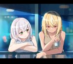  2girls bangs bare_arms bare_shoulders blonde_hair blush breasts brown_shirt closed_mouth collarbone commentary_request cup dark_skin dark-skinned_female drinking_glass eyebrows_visible_through_hair green_eyes grey_hair grey_shirt hair_between_eyes holding holding_cup hololive hot_kakigoori large_breasts letterboxed looking_at_another looking_to_the_side multicolored_hair multiple_girls ponytail railing red_eyes ribbed_shirt shiranui_flare shirogane_noel shirt sleeveless sleeveless_shirt smile streaked_hair upper_body virtual_youtuber white_hair 