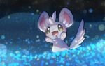  :d blurry blush commentary_request creature gen_5_pokemon green_eyes grey_fur highres looking_up minccino no_humans nullma open_mouth pokemon pokemon_(creature) smile solo standing tongue 