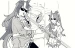  2girls animal_ears breasts character_request clenched_hand gloves greyscale highres horse_ears horse_tail instrument jacket medium_breasts meme monochrome multiple_girls music playing_instrument ponytail skirt sunglasses tail takatsuki_nato thigh-highs trombone umamusume when_mama_isn&#039;t_home 
