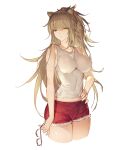  1girl absurdres animal_ears arknights bangs bare_arms bare_shoulders breasts brown_eyes brown_hair commentary_request cropped_legs cutoffs gkd111 grey_tank_top hair_between_eyes hand_on_hip highres impossible_clothes impossible_shirt large_breasts lion_ears long_hair looking_at_viewer midriff_peek red_shorts shirt short_shorts shorts siege_(arknights) simple_background solo standing tank_top thighs white_background 