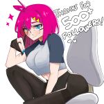  blue_eyes glasses highres holding looking_at_viewer navel nicosarea pantyhose pink_hair short_hair short_sleeves sitting solo stylus 
