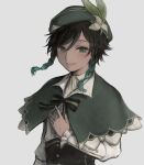 1boy a_(pahg4845) androgynous bangs beret black_hair blue_hair bow braid brooch cape collared_cape collared_shirt commentary_request corset flower frilled_sleeves frills gem genshin_impact gradient_hair green_eyes green_headwear grey_background hand_on_own_chest hat hat_flower highres jewelry leaf long_sleeves looking_at_viewer male_focus multicolored_hair open_mouth shirt short_hair_with_long_locks simple_background smile solo twin_braids venti_(genshin_impact) white_flower white_shirt 