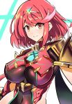  1girl armor bangs breasts chest_jewel cleavage_cutout clothing_cutout earrings eyebrows_visible_through_hair headpiece highres jewelry looking_at_viewer pyra_(xenoblade) red_eyes redhead short_hair smile solo swept_bangs synchroman xenoblade_chronicles_(series) xenoblade_chronicles_2 