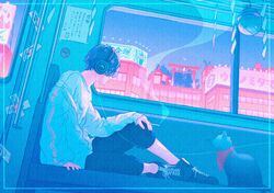  1boy black_cat black_footwear black_hair black_pants building cat cigarette crescent_moon full_body headphones highres long_sleeves moon original pants profile shirt shoes short_hair sitting solo torii train_interior wacca005 white_shirt window 