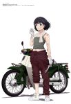  1girl absurdres bangs bare_arms black_hair brown_eyes brown_pants clothes_around_waist collarbone dirty dirty_face gloves green_tank_top ground_vehicle highres holding holding_wrench honda koguma_(super_cub) megami_magazine midriff_peek motor_vehicle motorcycle navel official_art pants parted_lips scan shirt shirt_around_waist short_hair simple_background solo standing super_cub tank_top towel towel_around_neck white_background white_footwear white_gloves wrench 