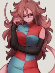  1girl android_21 black_sclera breasts checkered checkered_dress colored_sclera dragon_ball dragon_ball_fighterz dress glasses grey_background hair_between_eyes kemachiku long_hair looking_at_viewer majin_android_21 medium_breasts pointy_ears red_eyes redhead simple_background solo tail 