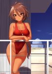  1girl blue_sky braid brown_eyes brown_hair clouds commentary_request cowboy_shot dark_skin dark-skinned_female day highleg highleg_swimsuit kuroonehalf lifeguard long_hair one-piece_swimsuit original outdoors railing red_swimsuit single_braid sky solo swimsuit whistle whistle_around_neck 