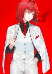  1girl absurdres ange_katrina bangs blue_eyes cigarette coat commentary english_commentary eyebrows_visible_through_hair formal hand_in_pocket highres nail_polish necktie nijisanji pants redhead rushian short_hair simple_background smoke solo suit virtual_youtuber 