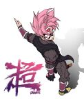 1boy armband artist_name bakarott bangs black_gloves bracer broken_mask commentary dougi dragon_ball dragon_ball_heroes from_above gloves goku_black highres long_sleeves looking_back male_focus mask outstretched_arm pink_hair red_eyes shadow simple_background single_glove solo spiky_hair white_background