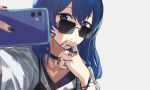  1girl alternate_costume alternate_hairstyle blue_choker blue_eyes blue_hair blue_nails blurry blurry_foreground cellphone choker closed_mouth commentary depth_of_field eyebrows_visible_through_hair grey_background hair_between_eyes hand_on_own_chin highres holding holding_phone hololive hoshimachi_suisei jewelry looking_at_viewer looking_over_eyewear medium_hair multiple_rings nail_polish phone portrait pyytato rimless_eyewear ring selfie shirt simple_background smartphone solo star_(symbol) star_choker star_in_eye sunglasses symbol_commentary symbol_in_eye virtual_youtuber white_shirt wristband 