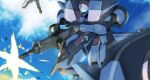  aries_(mobile_suit) clouds firing flying fujikusa gun gundam gundam_wing highres holding holding_gun holding_weapon leo_(mobile_suit) looking_down mecha mobile_suit no_humans open_hand science_fiction sky solo_focus visor weapon 