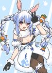  1girl :3 :d animal_ear_fluff animal_ears arm_up bangs black_gloves blue_background blue_dress blue_hair braid breasts buck_teeth bunny-shaped_pupils bunny_tail carrot_hair_ornament chained_tan dithering don-chan_(usada_pekora) dress english_commentary eyebrows_visible_through_hair food_themed_hair_ornament fur-trimmed_dress fur_scarf fur_trim gloves hair_ornament hand_up hikimayu hololive leg_garter leotard leotard_under_clothes long_hair looking_at_viewer multicolored_hair open_mouth pantyhose rabbit_ears rabbit_girl scrunchie short_eyebrows small_breasts smile solo strapless strapless_leotard swept_bangs tail thick_eyebrows twin_braids twintails two-tone_hair upper_body usada_pekora v virtual_youtuber white_dress white_hair wrist_scrunchie 