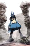  buntatta closed_mouth commentary_request fog from_below gen_4_pokemon highres looking_up lucario pokemon pokemon_(creature) red_eyes solo spikes standing yellow_fur 